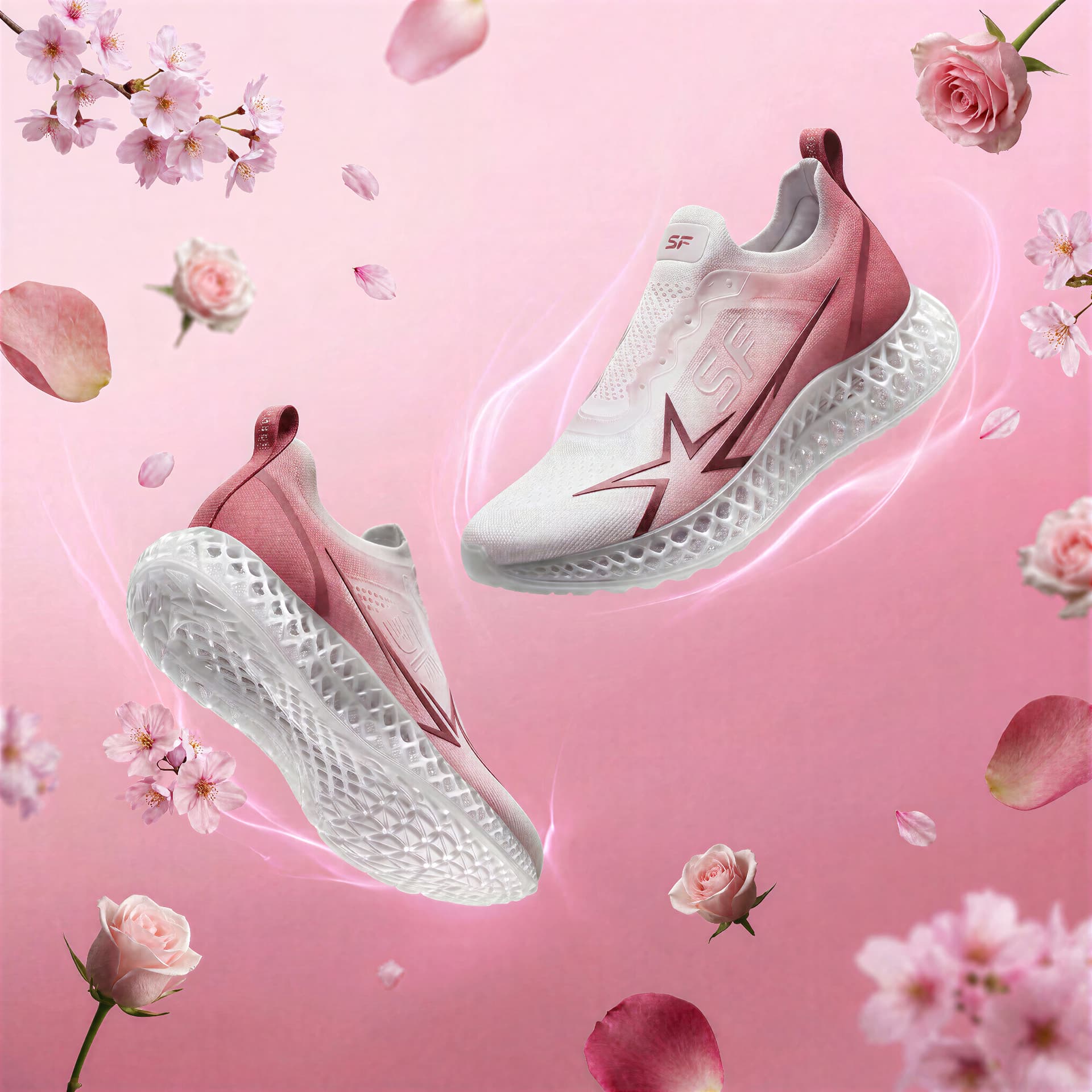 Pink Storm S shoes floating among blossoms