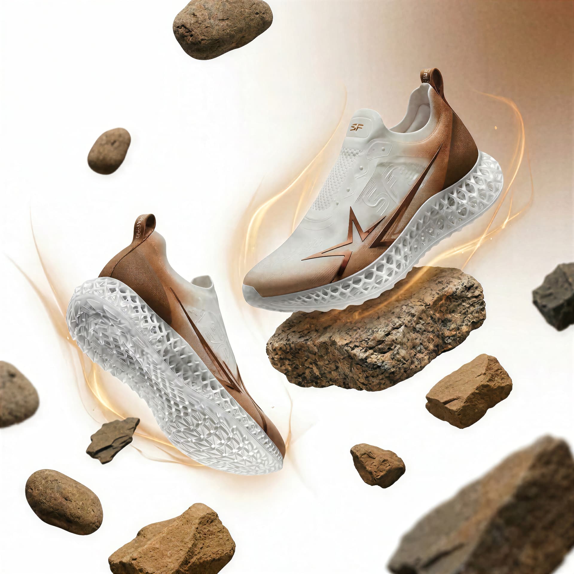 Earth-tone Storm S shoes floating among natural rocks