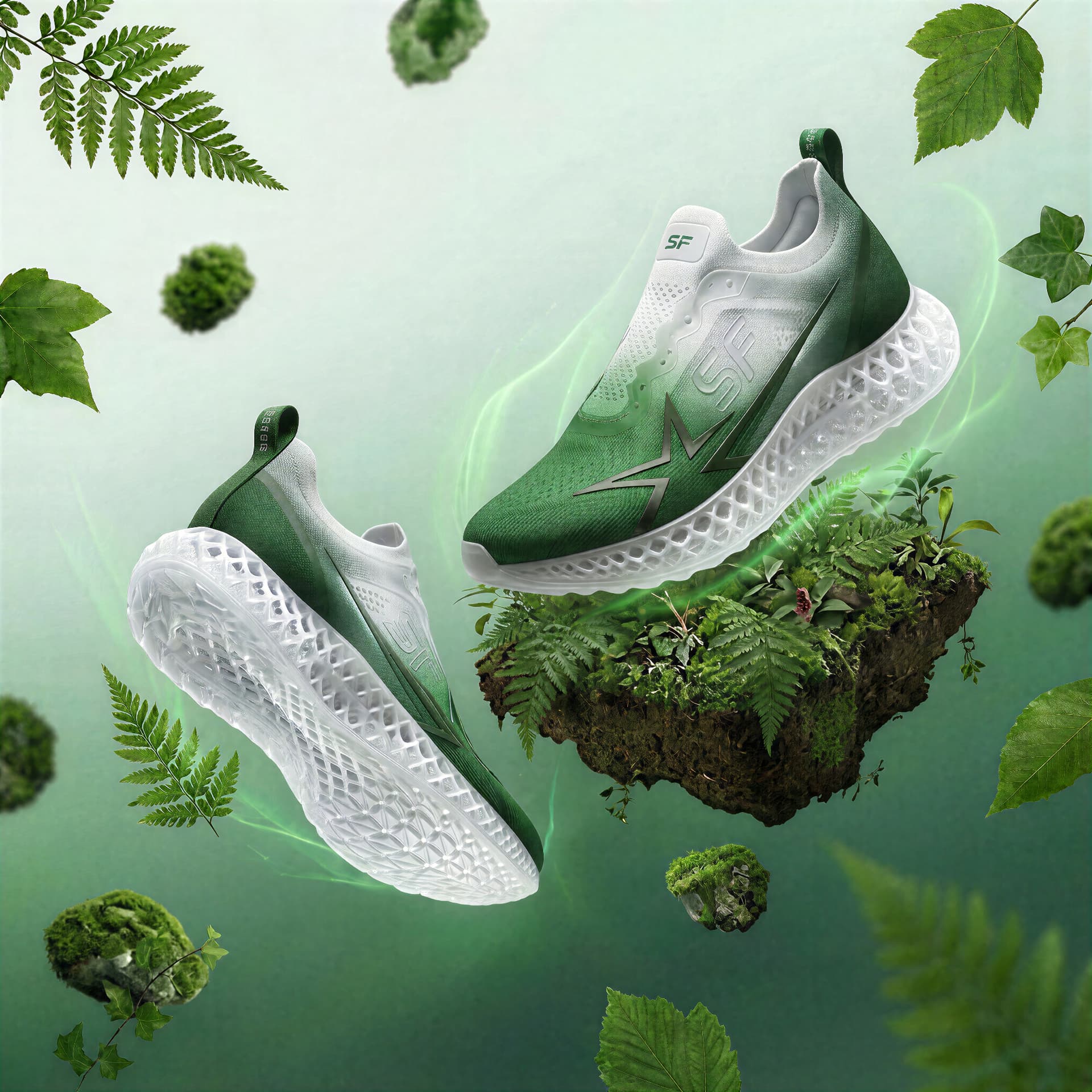 Green Storm S shoes floating above a living forest landscape